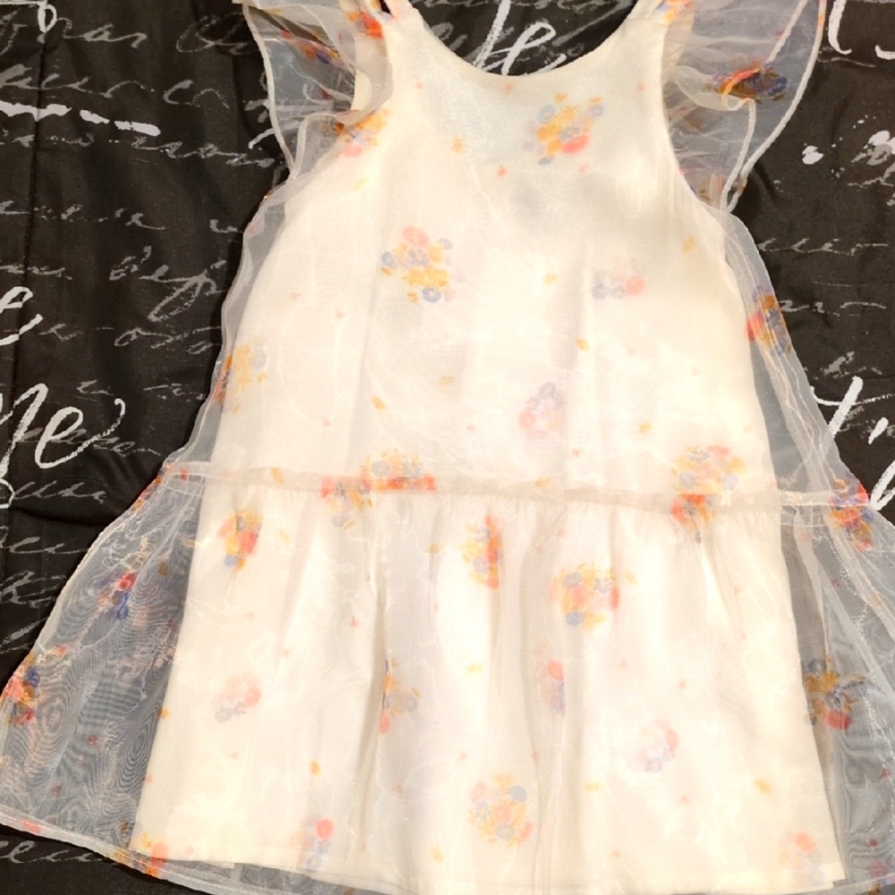 Zara Off-White Floral Print Organza Sheer Overlay Keyhole Lining Dress 3 Years